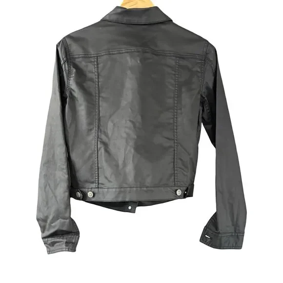 Garnet Hill Black Button Up Pockets Denim Look Moto Motorcycle Jacket Women’s 4 - Picture 8 of 8